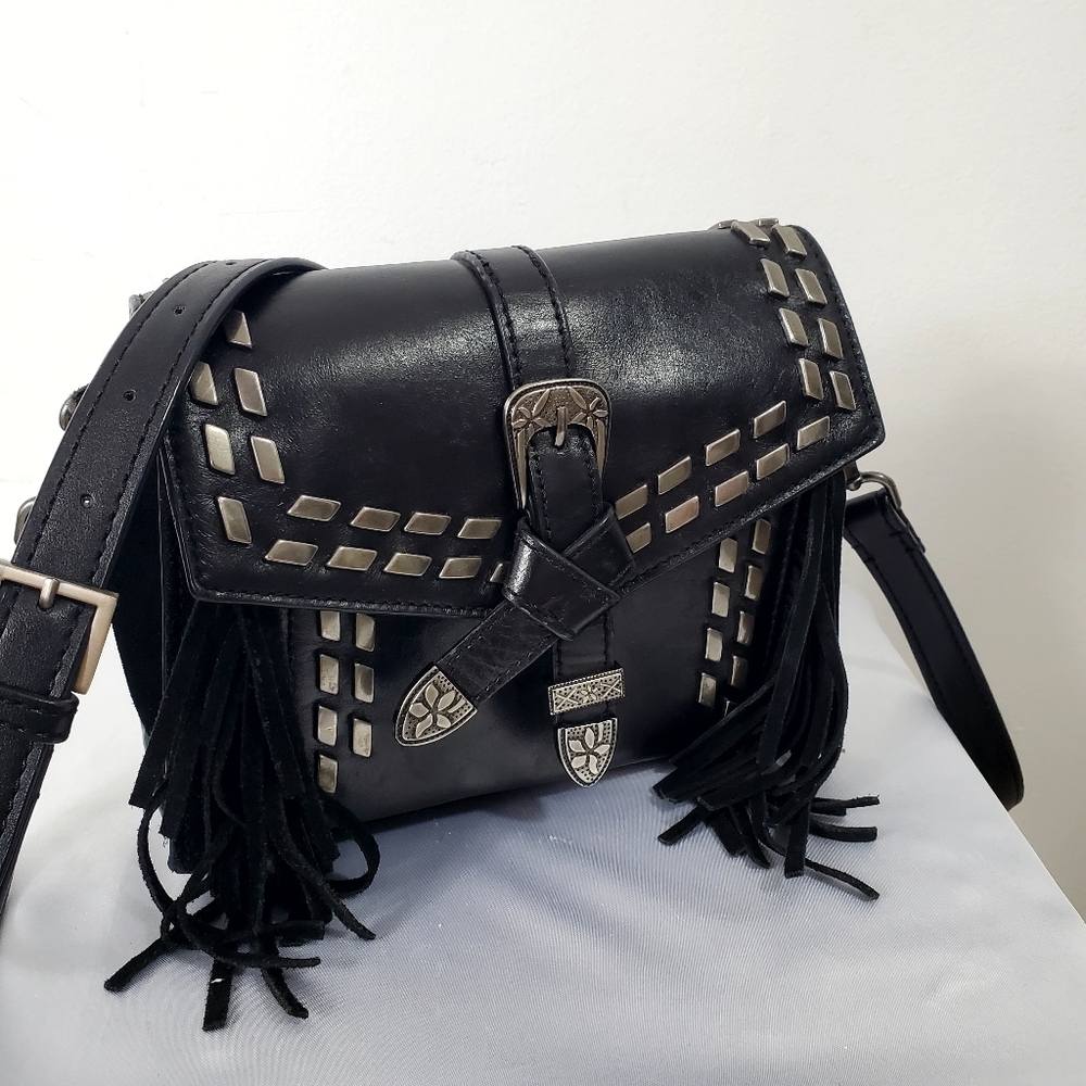ZARA Western Black Fringe Crossbody Bag with Silver Buckle Detail - Picture 2 of 15